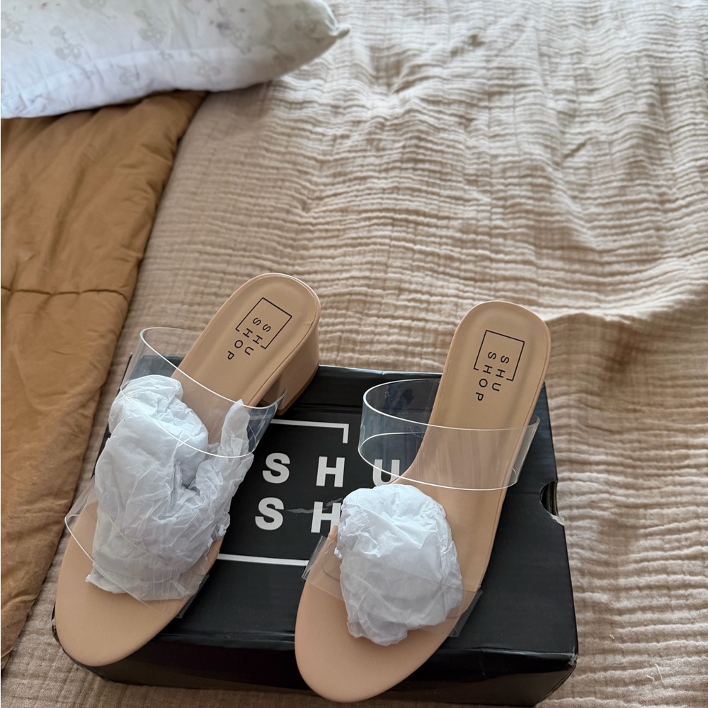 ShuShop Nude Slide Sandals with Clear Vinyl Strap